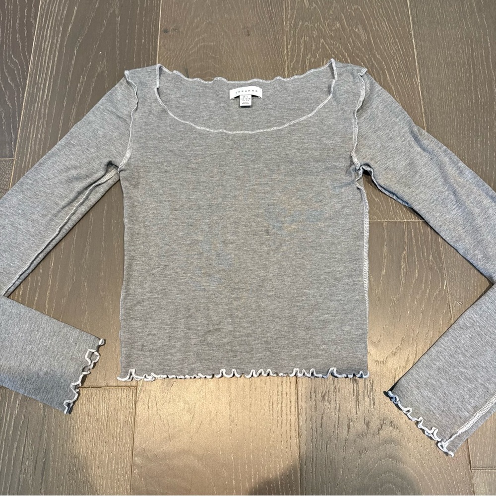 Topshop Gray Ruffle Trim Long Sleeve Top